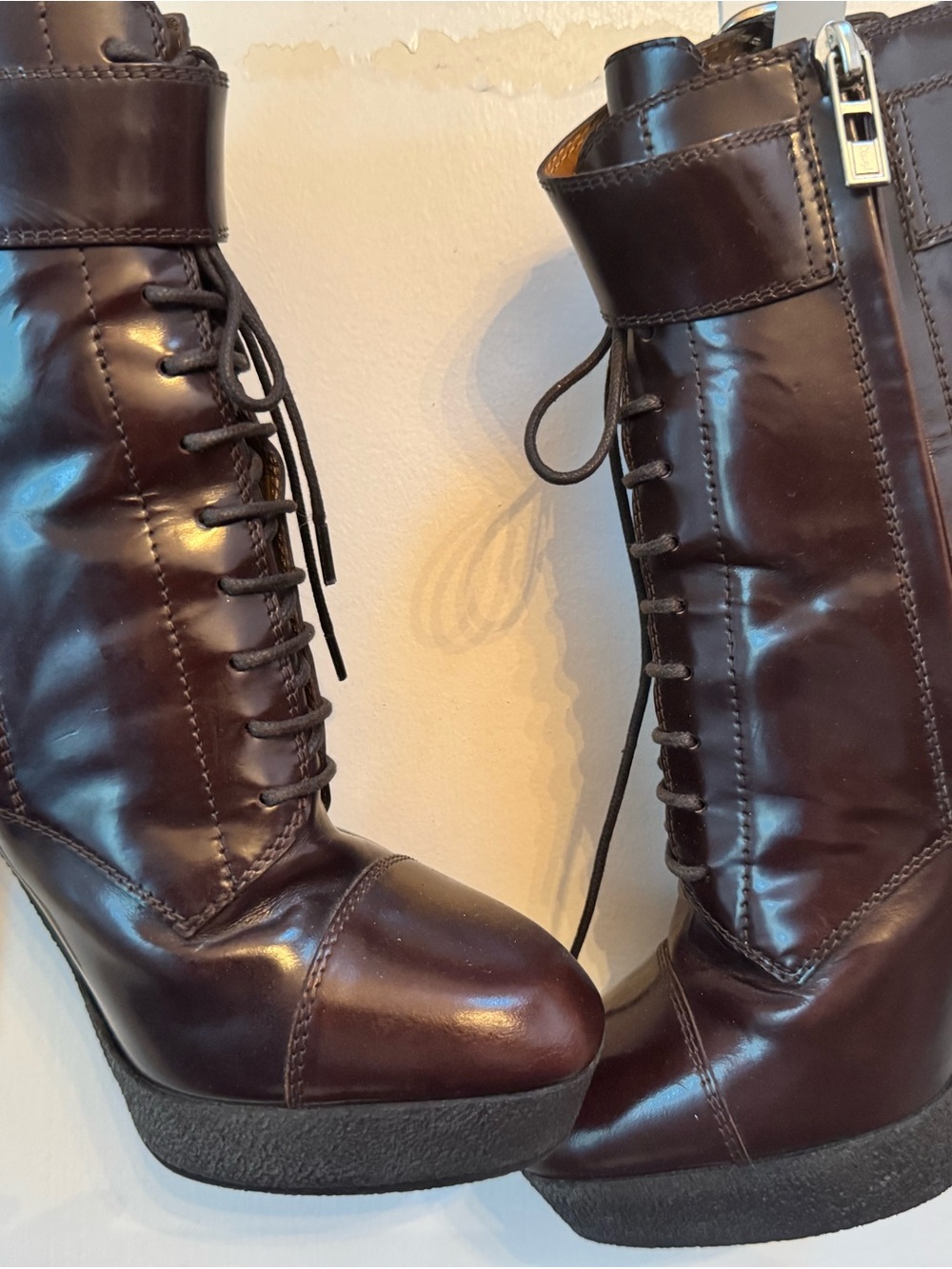 Yves Saint Laurent Women's Lace-Up Platform Boots in Dark Brown